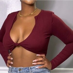 Women's Burgundy Long Sleeve Crop Top